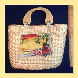 Cute Wicker purse with tropical print on front.